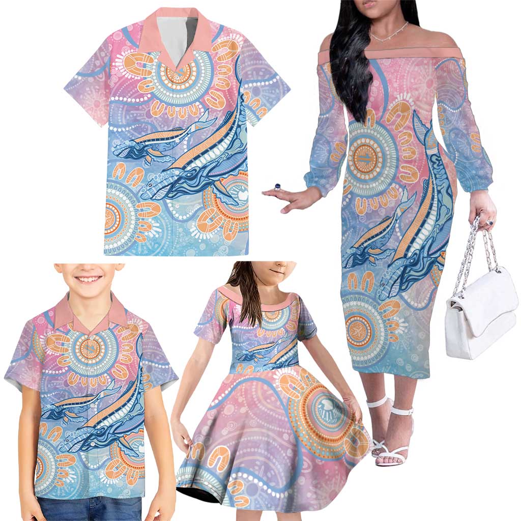 Aussie NAIDOC Week Pastel Family Matching Off The Shoulder Long Sleeve Dress and Hawaiian Shirt Dreaming Whales