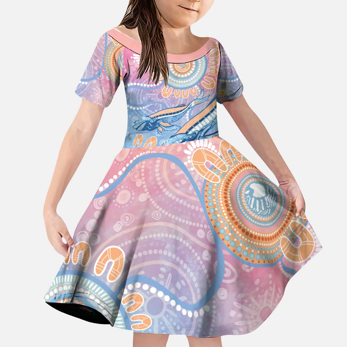Aussie NAIDOC Week Pastel Kid Short Sleeve Dress Dreaming Whales