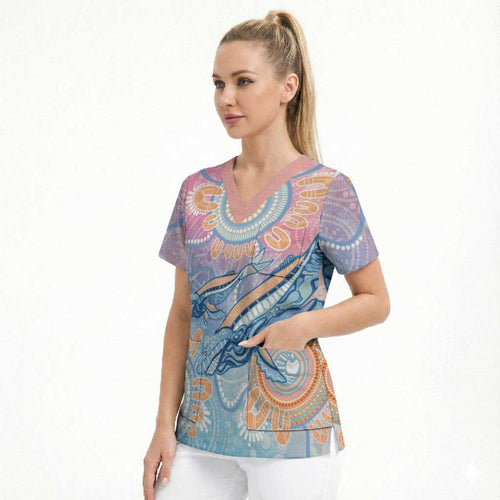 Aussie NAIDOC Week Pastel Scrub Top Dreaming Whales