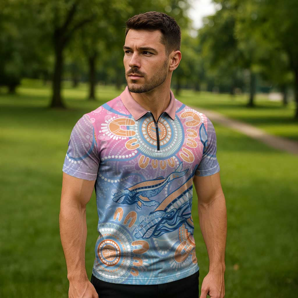 Aussie NAIDOC Week Pastel Zipper Polo Shirt Dreaming Whales