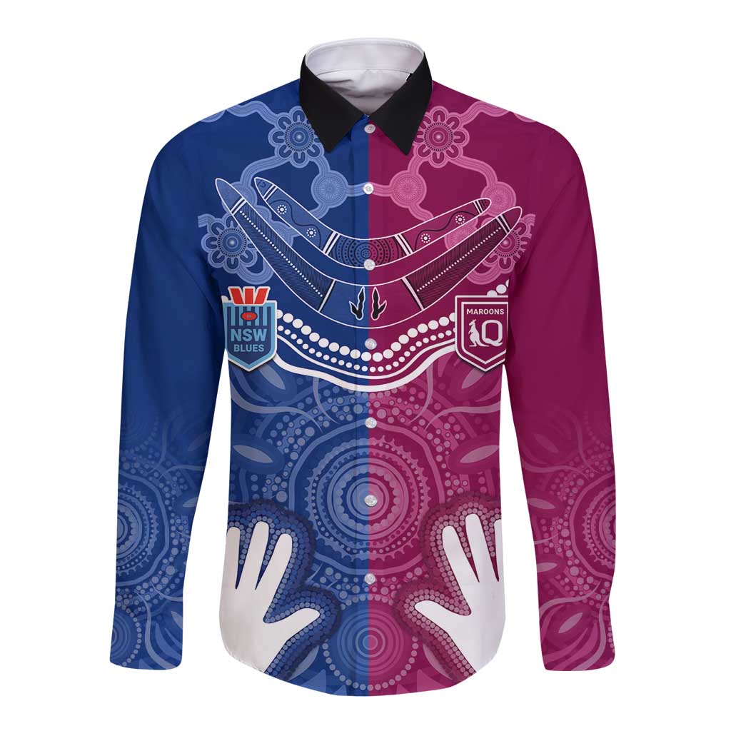 Personalised QLD Maroons Mix NSW Blues Indigenous Long Sleeve Button Shirt Rugby State of Origin LT7