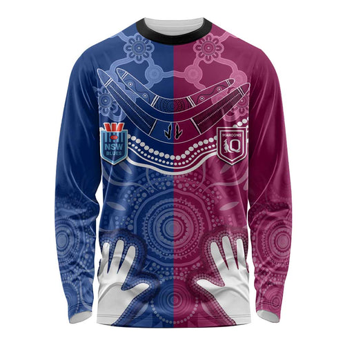 Personalised QLD Maroons Mix NSW Blues Indigenous Long Sleeve Shirt Rugby State of Origin LT7