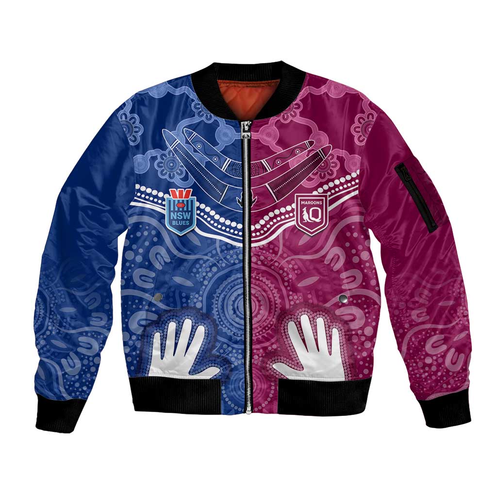 Personalised QLD Maroons Mix NSW Blues Indigenous Sleeve Zip Bomber Jacket Rugby State of Origin LT7