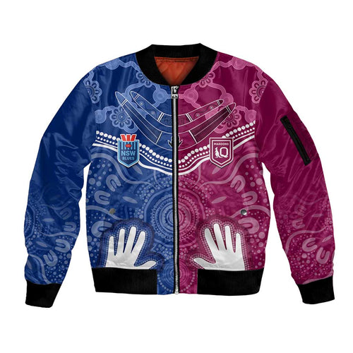 Personalised QLD Maroons Mix NSW Blues Indigenous Sleeve Zip Bomber Jacket Rugby State of Origin LT7