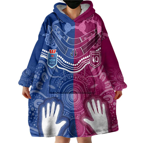 Personalised QLD Maroons Mix NSW Blues Indigenous Wearable Blanket Hoodie Rugby State of Origin LT7