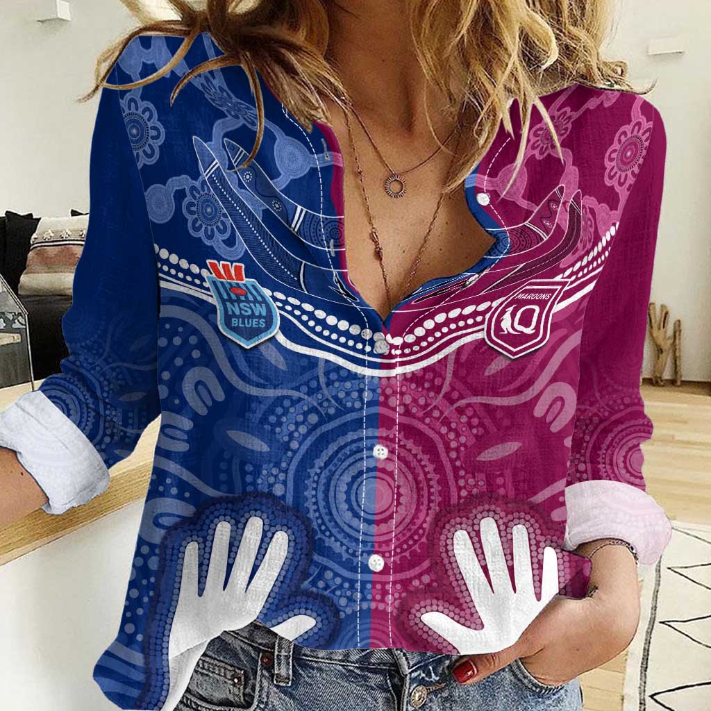 Personalised QLD Maroons Mix NSW Blues Indigenous Women Casual Shirt Rugby State of Origin LT7