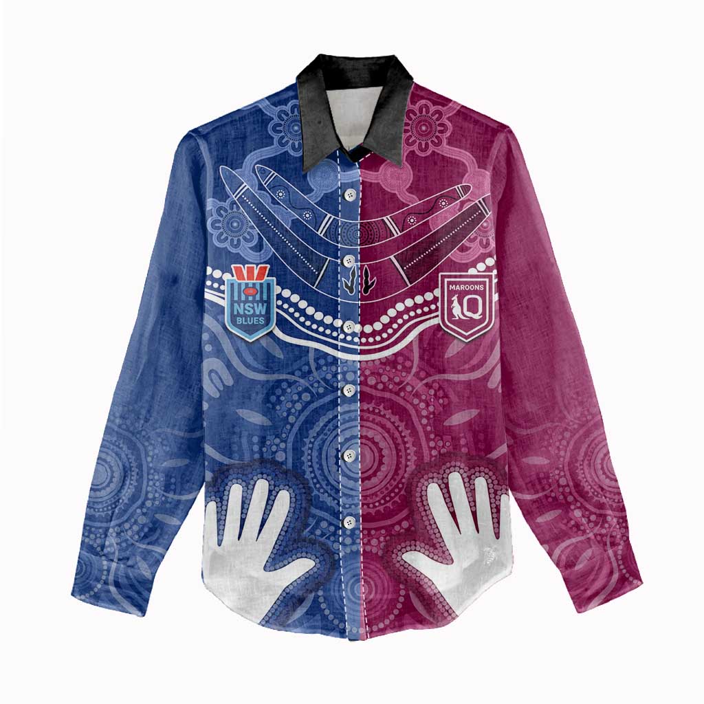 Personalised QLD Maroons Mix NSW Blues Indigenous Women Casual Shirt Rugby State of Origin LT7