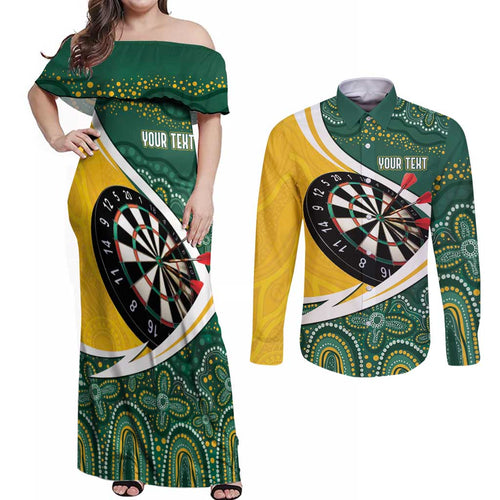 Australia Darts Personalized Couples Matching Off Shoulder Maxi Dress and Long Sleeve Button Shirt Aboriginal Special