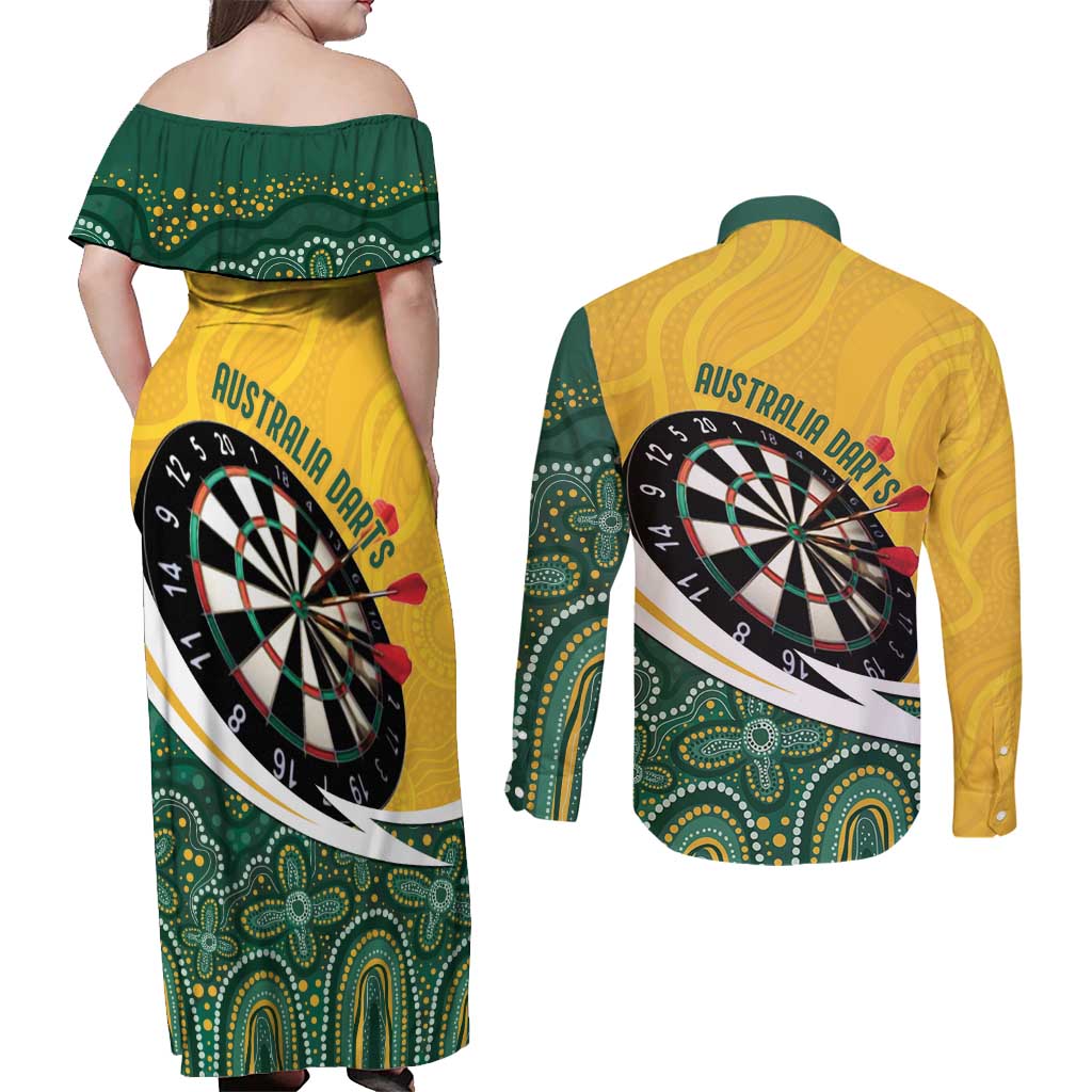 Australia Darts Personalized Couples Matching Off Shoulder Maxi Dress and Long Sleeve Button Shirt Aboriginal Special