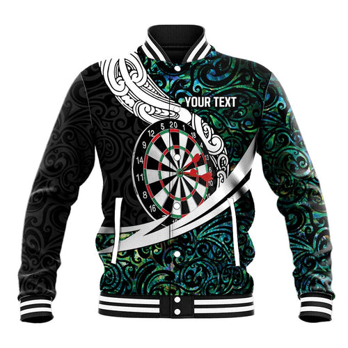Personalized NZ Darts Baseball Jacket Paua Shell Maori Koru Whakairo - Aussie Hoodie