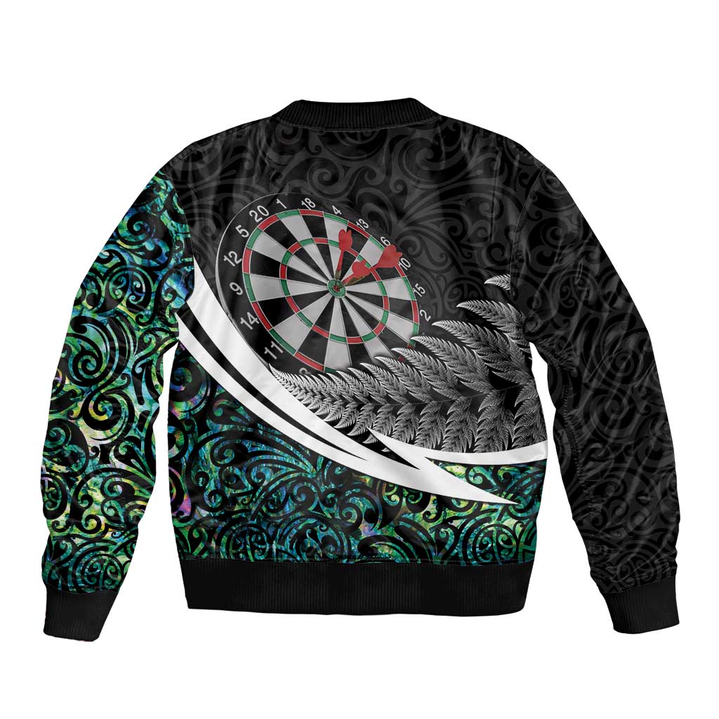 Personalized NZ Darts Bomber Jacket Paua Shell Maori Koru Whakairo - Aussie Hoodie