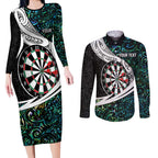 Personalized NZ Darts Couples Matching Long Sleeve Bodycon Dress and Long Sleeve Button Shirt Paua Shell Maori Koru Whakairo - Aussie Hoodie