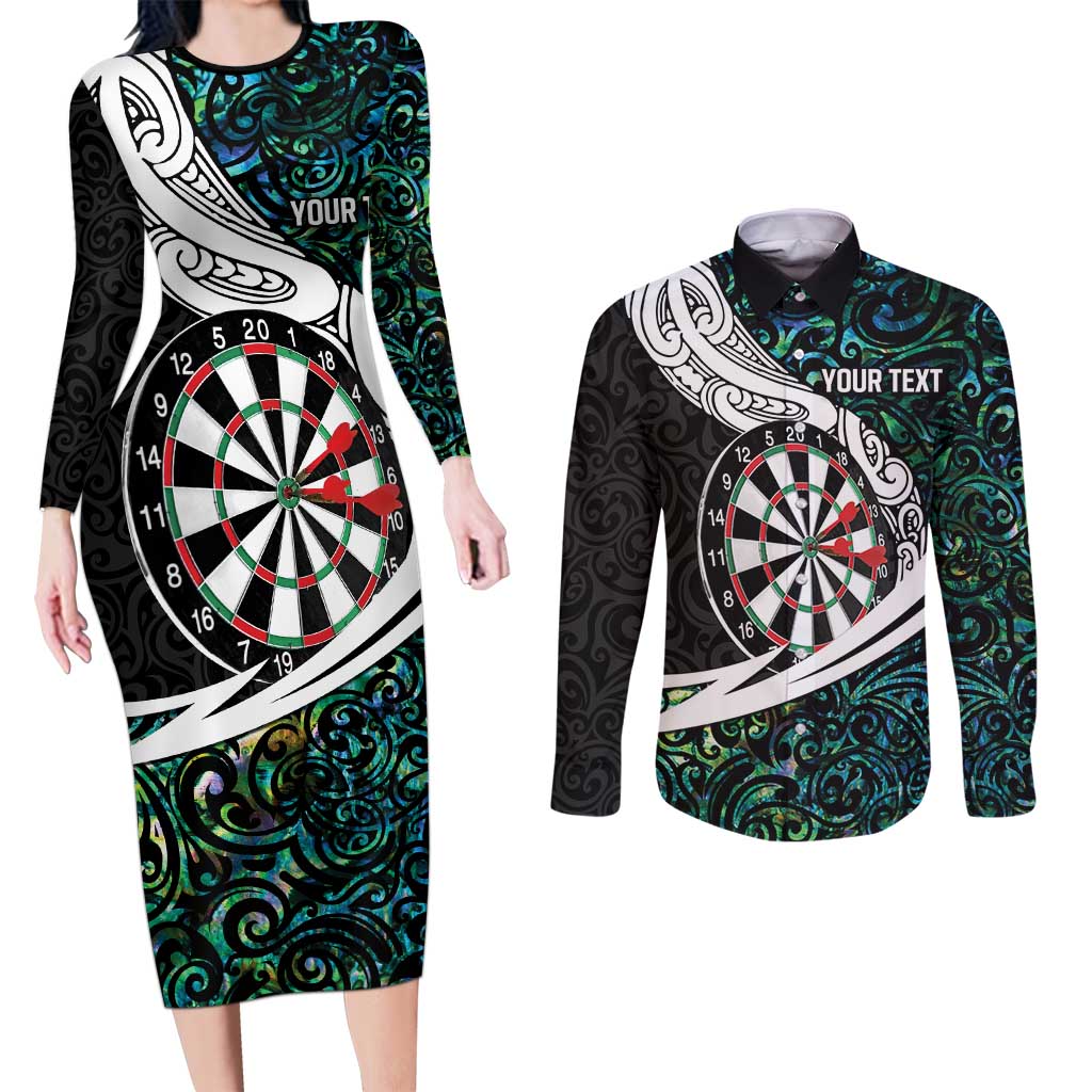 Personalized NZ Darts Couples Matching Long Sleeve Bodycon Dress and Long Sleeve Button Shirt Paua Shell Maori Koru Whakairo - Aussie Hoodie