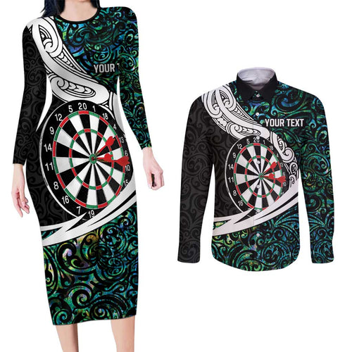 Personalized NZ Darts Couples Matching Long Sleeve Bodycon Dress and Long Sleeve Button Shirt Paua Shell Maori Koru Whakairo - Aussie Hoodie