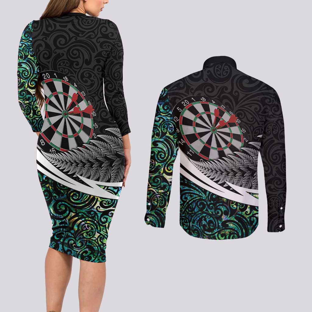 Personalized NZ Darts Couples Matching Long Sleeve Bodycon Dress and Long Sleeve Button Shirt Paua Shell Maori Koru Whakairo - Aussie Hoodie