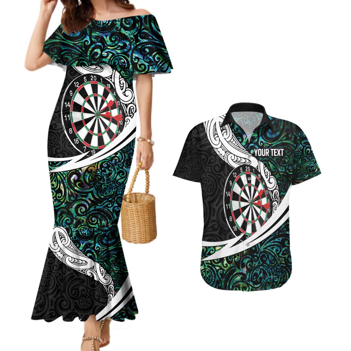Personalized NZ Darts Couples Matching Mermaid Dress and Hawaiian Shirt Paua Shell Maori Koru Whakairo - Aussie Hoodie