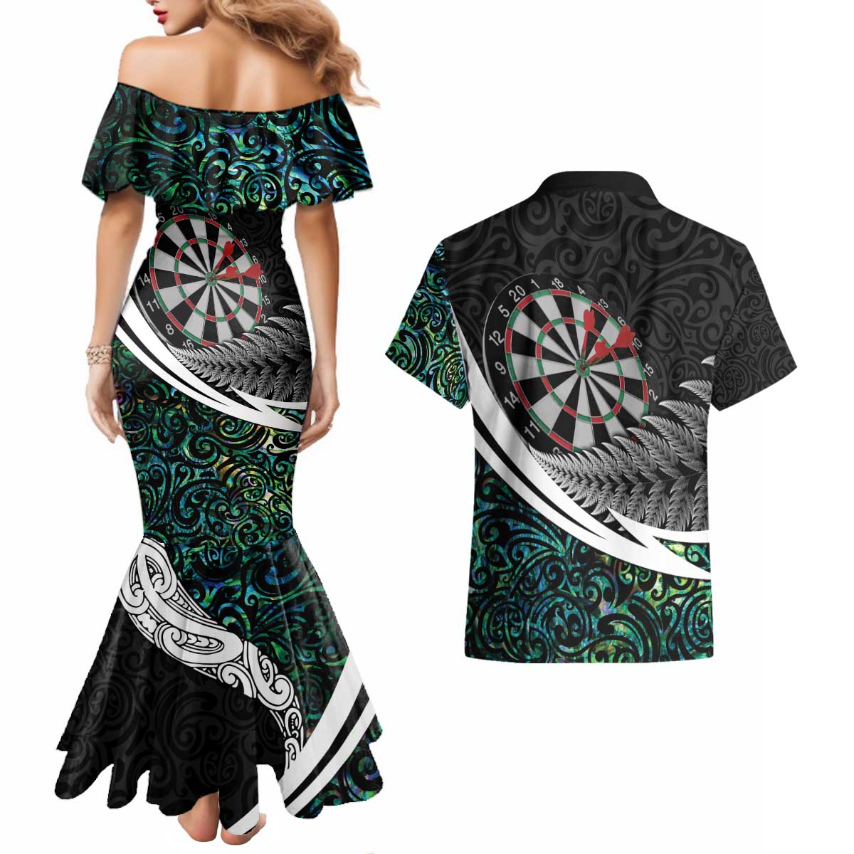 Personalized NZ Darts Couples Matching Mermaid Dress and Hawaiian Shirt Paua Shell Maori Koru Whakairo - Aussie Hoodie