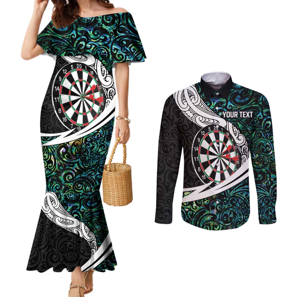 Personalized NZ Darts Couples Matching Mermaid Dress and Long Sleeve Button Shirt Paua Shell Maori Koru Whakairo - Aussie Hoodie