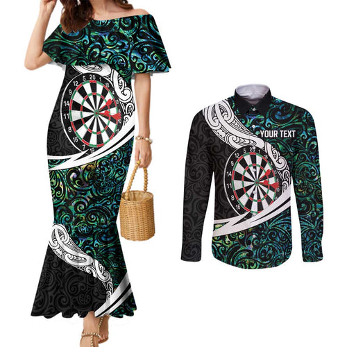 Personalized NZ Darts Couples Matching Mermaid Dress and Long Sleeve Button Shirt Paua Shell Maori Koru Whakairo - Aussie Hoodie