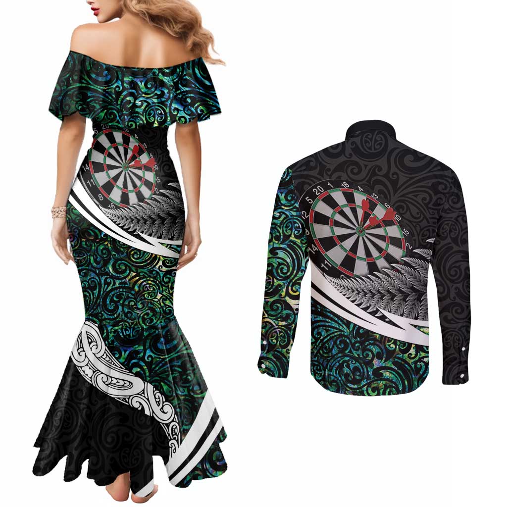 Personalized NZ Darts Couples Matching Mermaid Dress and Long Sleeve Button Shirt Paua Shell Maori Koru Whakairo - Aussie Hoodie