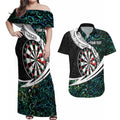 Personalized NZ Darts Couples Matching Off Shoulder Maxi Dress and Hawaiian Shirt Paua Shell Maori Koru Whakairo - Aussie Hoodie