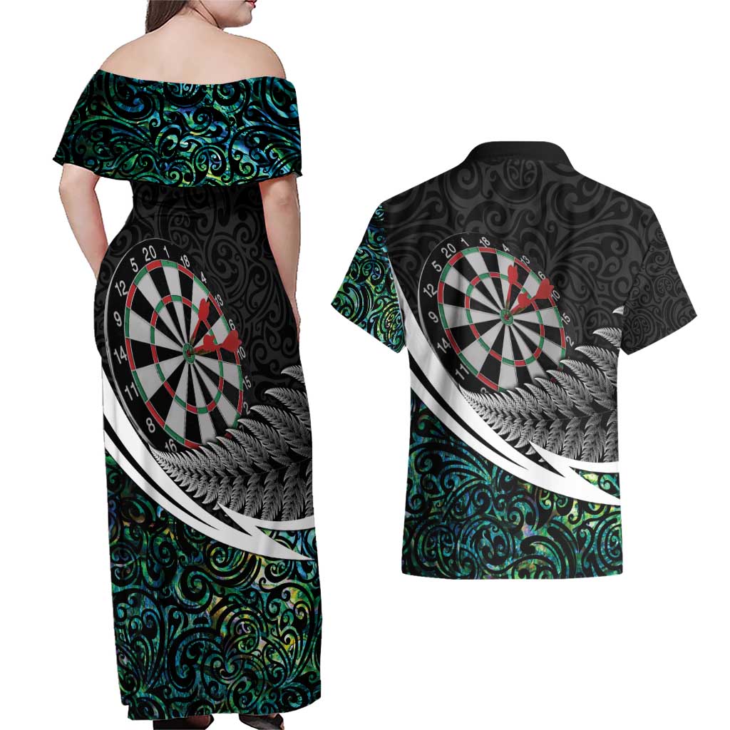 Personalized NZ Darts Couples Matching Off Shoulder Maxi Dress and Hawaiian Shirt Paua Shell Maori Koru Whakairo - Aussie Hoodie