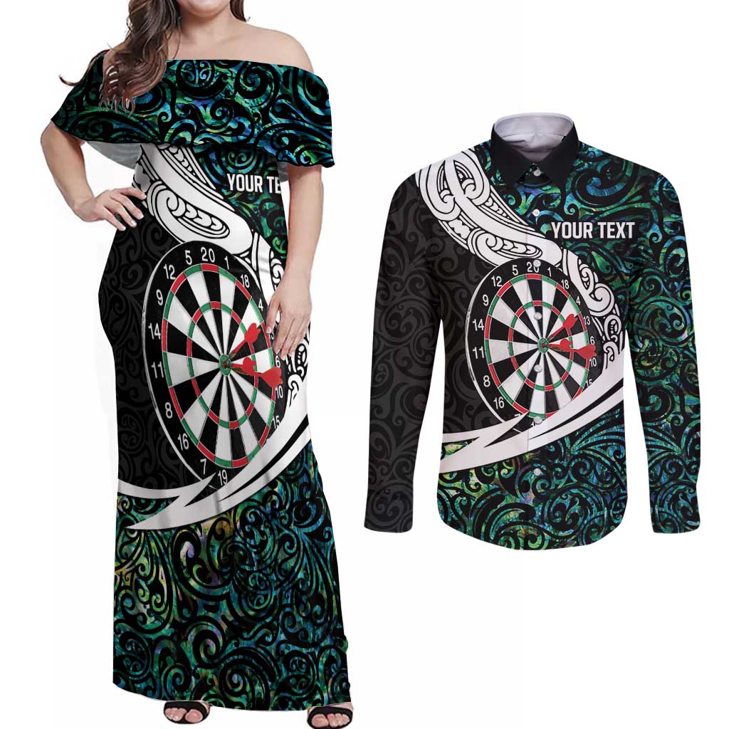 Personalized NZ Darts Couples Matching Off Shoulder Maxi Dress and Long Sleeve Button Shirt Paua Shell Maori Koru Whakairo - Aussie Hoodie