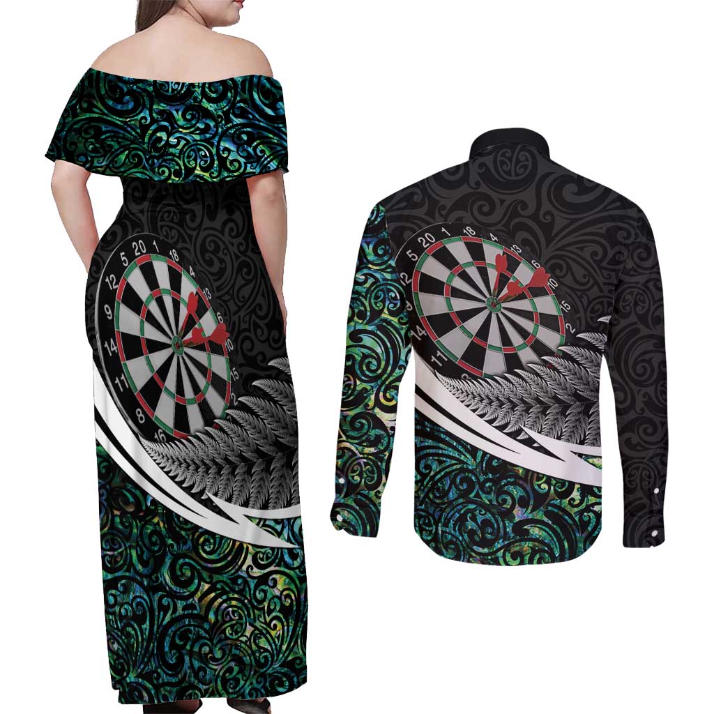 Personalized NZ Darts Couples Matching Off Shoulder Maxi Dress and Long Sleeve Button Shirt Paua Shell Maori Koru Whakairo - Aussie Hoodie