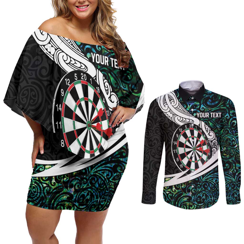 Personalized NZ Darts Couples Matching Off Shoulder Short Dress and Long Sleeve Button Shirt Paua Shell Maori Koru Whakairo - Aussie Hoodie