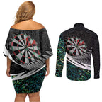 Personalized NZ Darts Couples Matching Off Shoulder Short Dress and Long Sleeve Button Shirt Paua Shell Maori Koru Whakairo - Aussie Hoodie