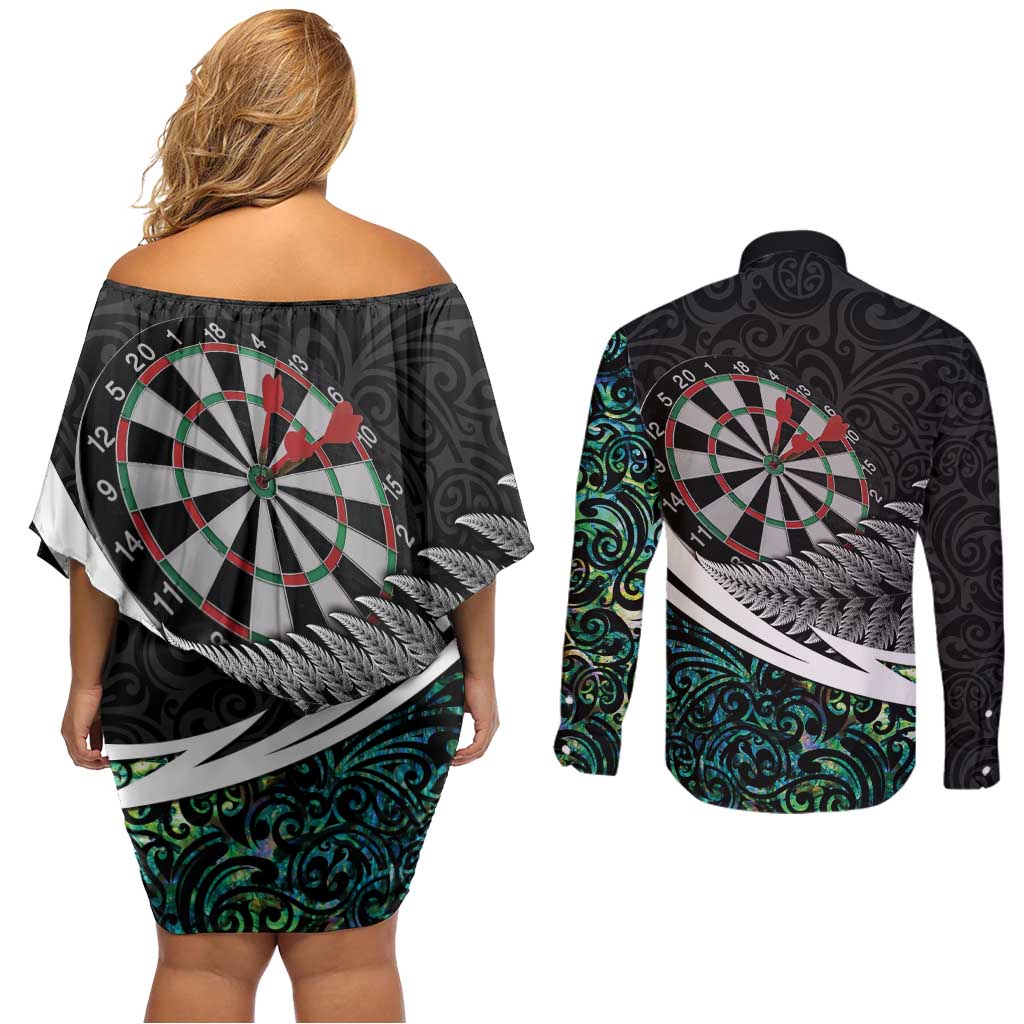Personalized NZ Darts Couples Matching Off Shoulder Short Dress and Long Sleeve Button Shirt Paua Shell Maori Koru Whakairo - Aussie Hoodie