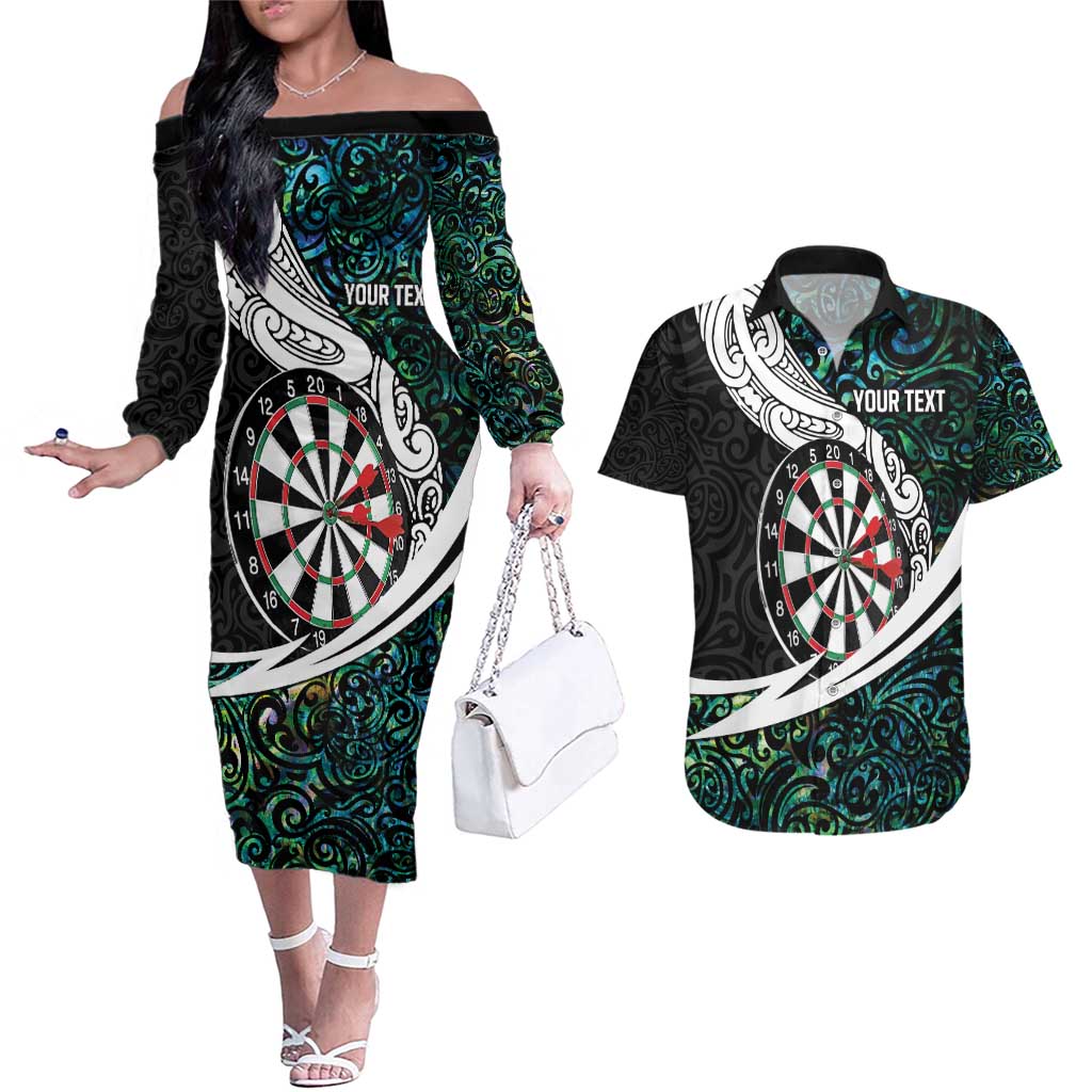 Personalized NZ Darts Couples Matching Off The Shoulder Long Sleeve Dress and Hawaiian Shirt Paua Shell Maori Koru Whakairo - Aussie Hoodie