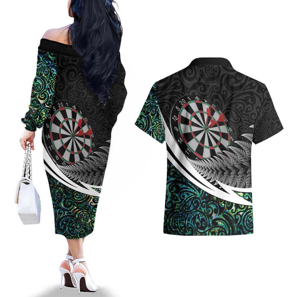 Personalized NZ Darts Couples Matching Off The Shoulder Long Sleeve Dress and Hawaiian Shirt Paua Shell Maori Koru Whakairo - Aussie Hoodie