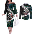 Personalized NZ Darts Couples Matching Off The Shoulder Long Sleeve Dress and Long Sleeve Button Shirt Paua Shell Maori Koru Whakairo - Aussie Hoodie