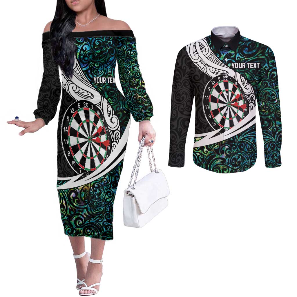 Personalized NZ Darts Couples Matching Off The Shoulder Long Sleeve Dress and Long Sleeve Button Shirt Paua Shell Maori Koru Whakairo - Aussie Hoodie