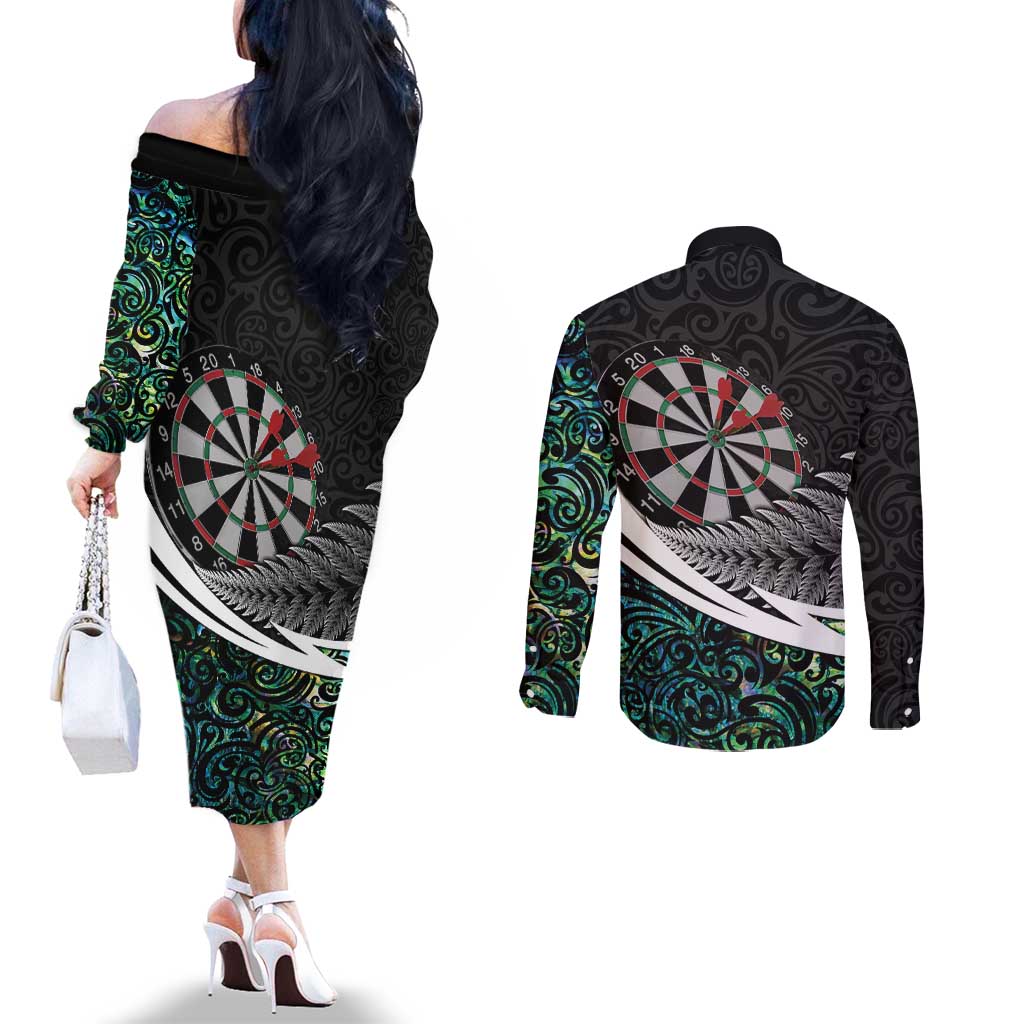 Personalized NZ Darts Couples Matching Off The Shoulder Long Sleeve Dress and Long Sleeve Button Shirt Paua Shell Maori Koru Whakairo - Aussie Hoodie
