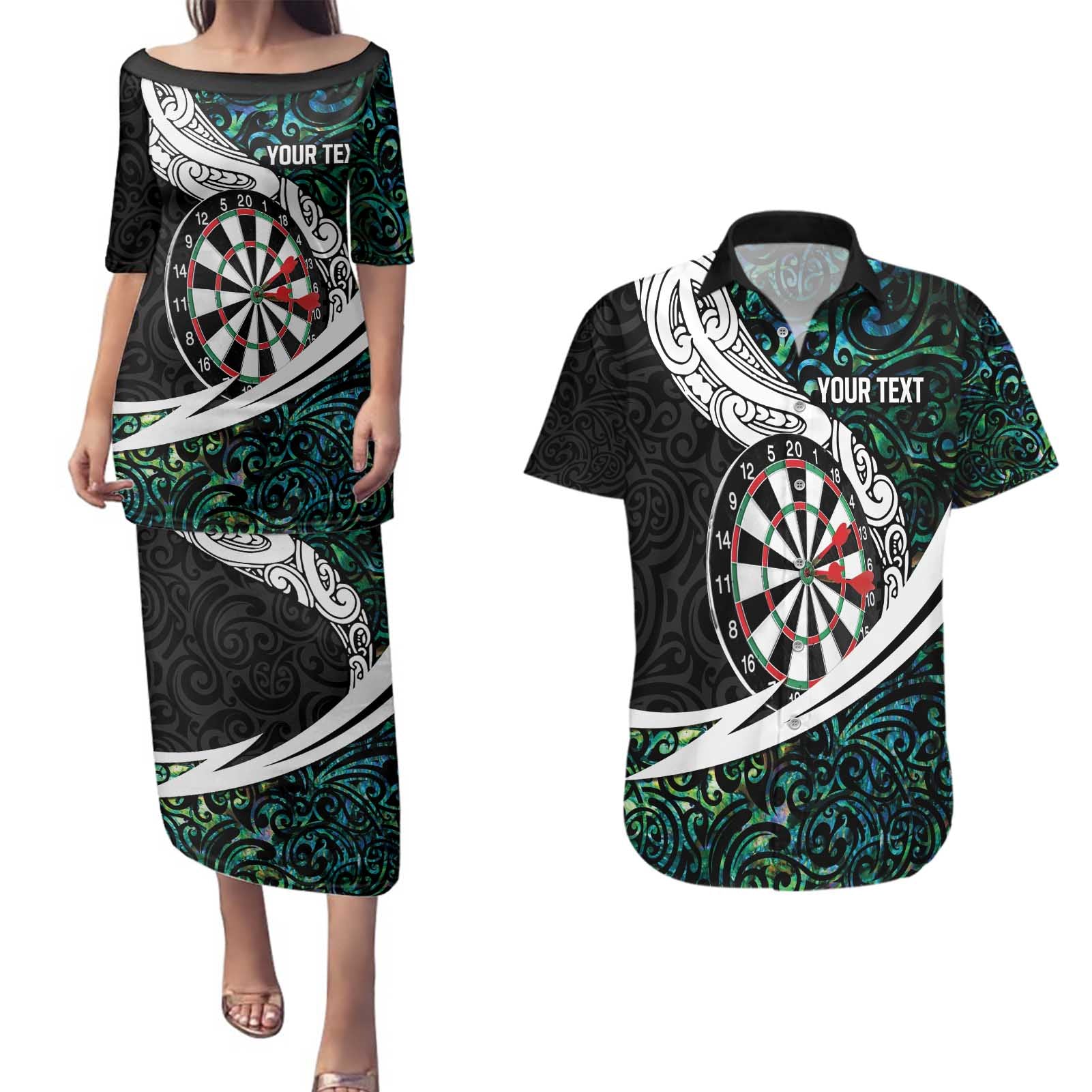 Personalized NZ Darts Couples Matching Puletasi and Hawaiian Shirt Paua Shell Maori Koru Whakairo - Aussie Hoodie