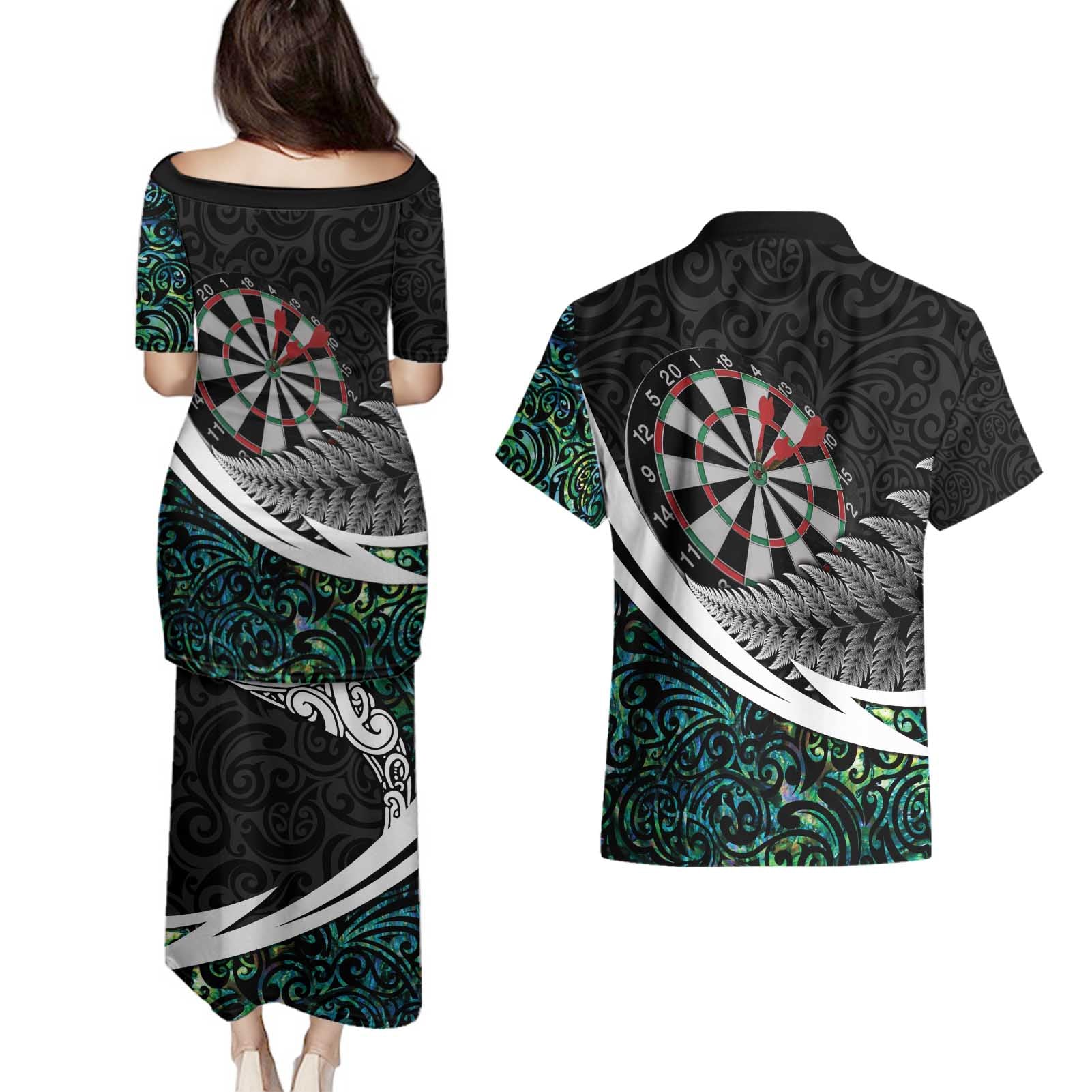 Personalized NZ Darts Couples Matching Puletasi and Hawaiian Shirt Paua Shell Maori Koru Whakairo - Aussie Hoodie