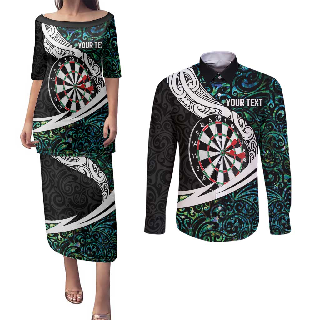 Personalized NZ Darts Couples Matching Puletasi and Long Sleeve Button Shirt Paua Shell Maori Koru Whakairo - Aussie Hoodie