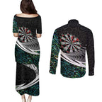 Personalized NZ Darts Couples Matching Puletasi and Long Sleeve Button Shirt Paua Shell Maori Koru Whakairo - Aussie Hoodie
