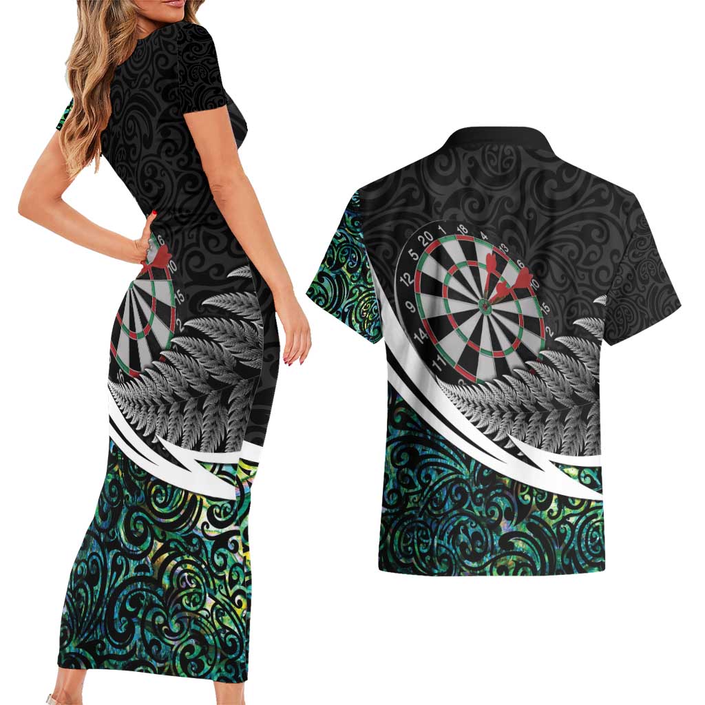 Personalized NZ Darts Couples Matching Short Sleeve Bodycon Dress and Hawaiian Shirt Paua Shell Maori Koru Whakairo - Aussie Hoodie