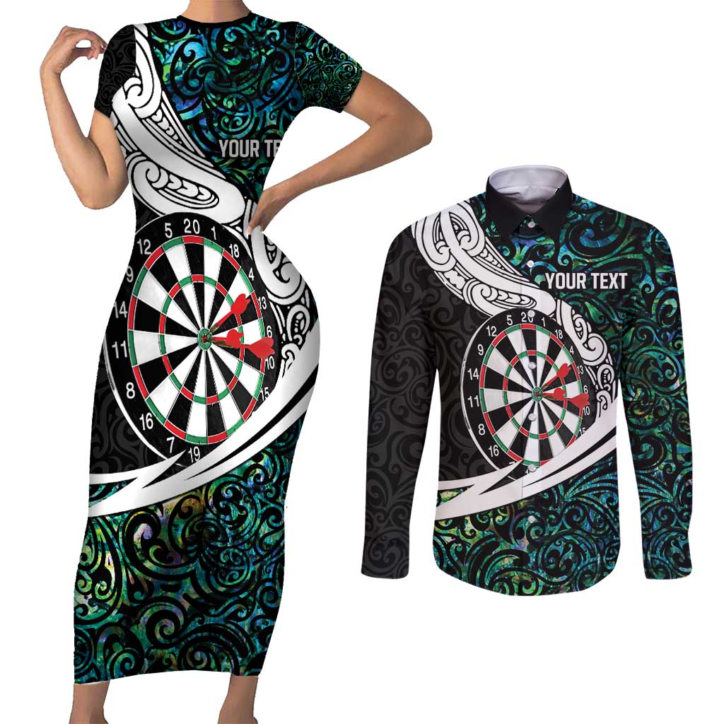 Personalized NZ Darts Couples Matching Short Sleeve Bodycon Dress and Long Sleeve Button Shirt Paua Shell Maori Koru Whakairo - Aussie Hoodie