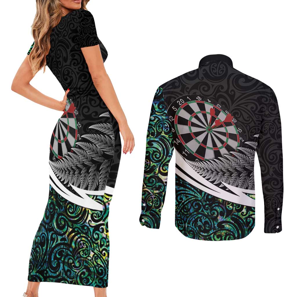 Personalized NZ Darts Couples Matching Short Sleeve Bodycon Dress and Long Sleeve Button Shirt Paua Shell Maori Koru Whakairo - Aussie Hoodie