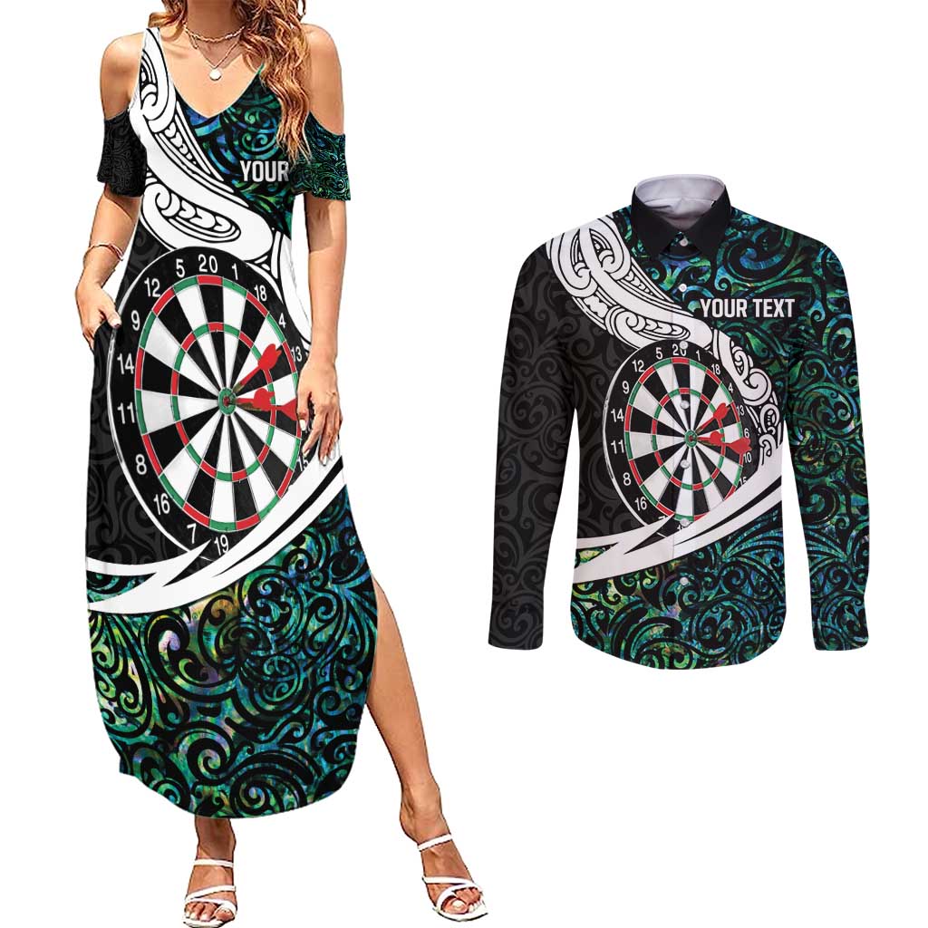 Personalized NZ Darts Couples Matching Summer Maxi Dress and Long Sleeve Button Shirt Paua Shell Maori Koru Whakairo - Aussie Hoodie