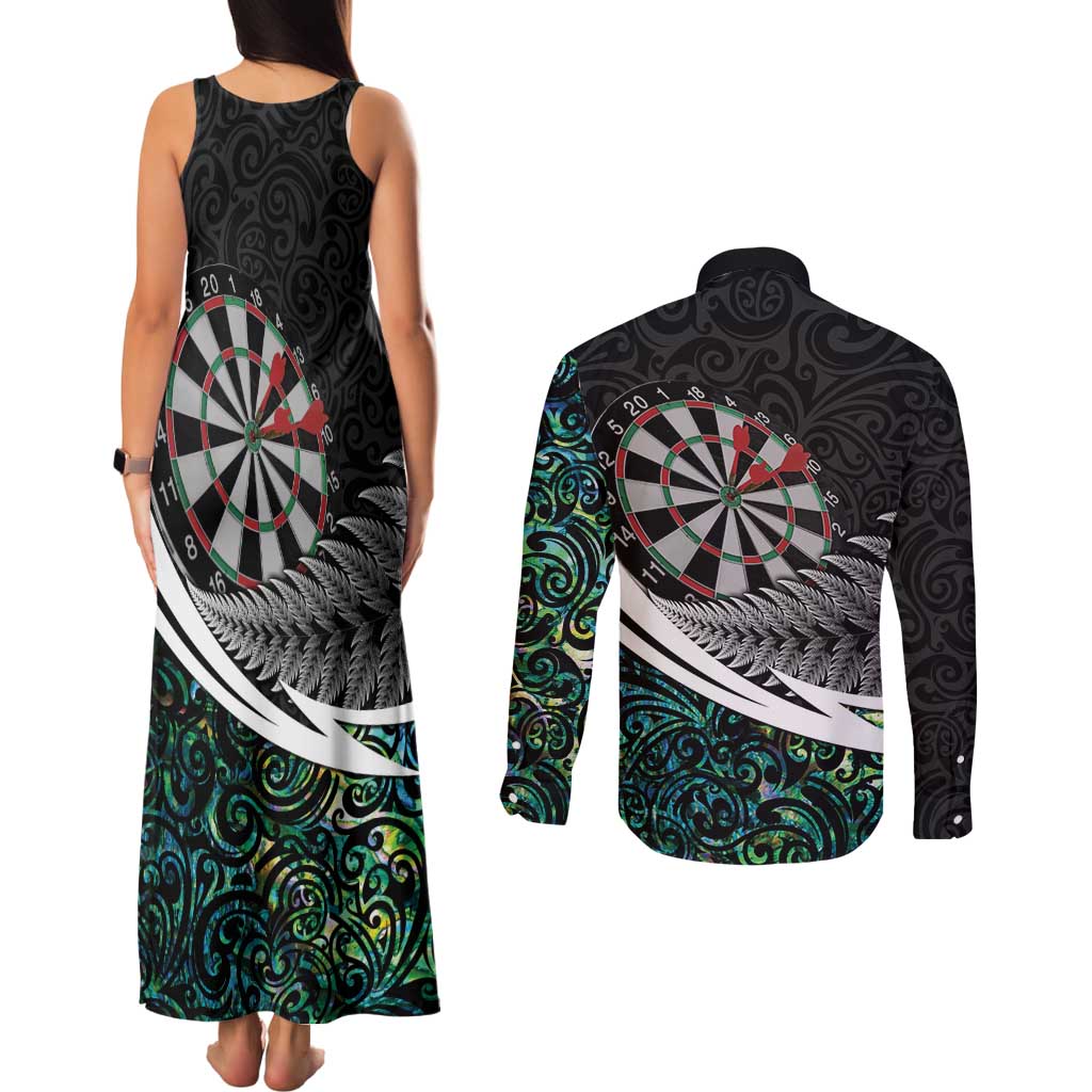 Personalized NZ Darts Couples Matching Tank Maxi Dress and Long Sleeve Button Shirt Paua Shell Maori Koru Whakairo - Aussie Hoodie