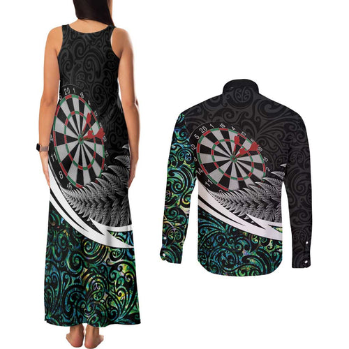 Personalized NZ Darts Couples Matching Tank Maxi Dress and Long Sleeve Button Shirt Paua Shell Maori Koru Whakairo - Aussie Hoodie