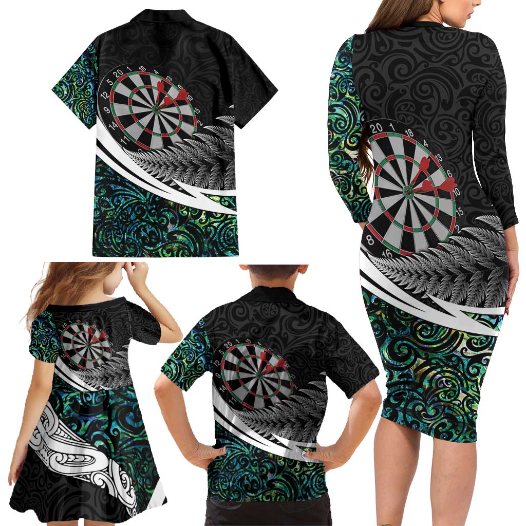 Personalized NZ Darts Family Matching Long Sleeve Bodycon Dress and Hawaiian Shirt Paua Shell Maori Koru Whakairo - Aussie Hoodie