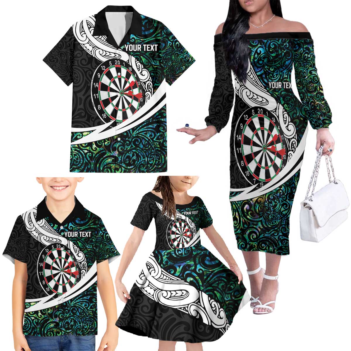 Personalized NZ Darts Family Matching Off The Shoulder Long Sleeve Dress and Hawaiian Shirt Paua Shell Maori Koru Whakairo - Aussie Hoodie