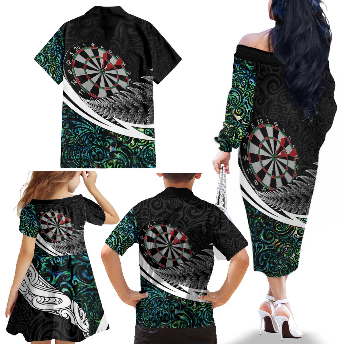 Personalized NZ Darts Family Matching Off The Shoulder Long Sleeve Dress and Hawaiian Shirt Paua Shell Maori Koru Whakairo - Aussie Hoodie