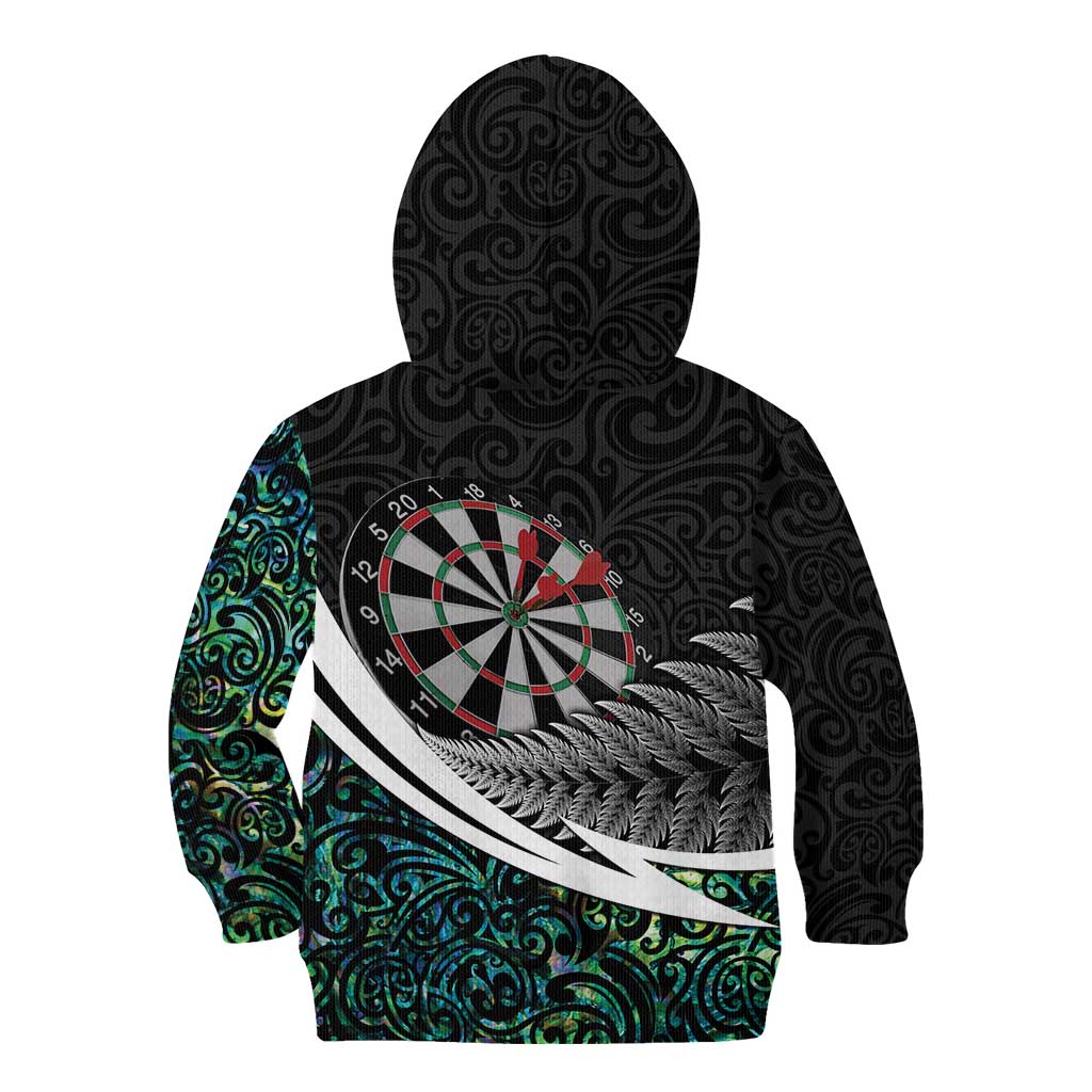 Personalized NZ Darts Kid Hoodie Paua Shell Maori Koru Whakairo - Aussie Hoodie
